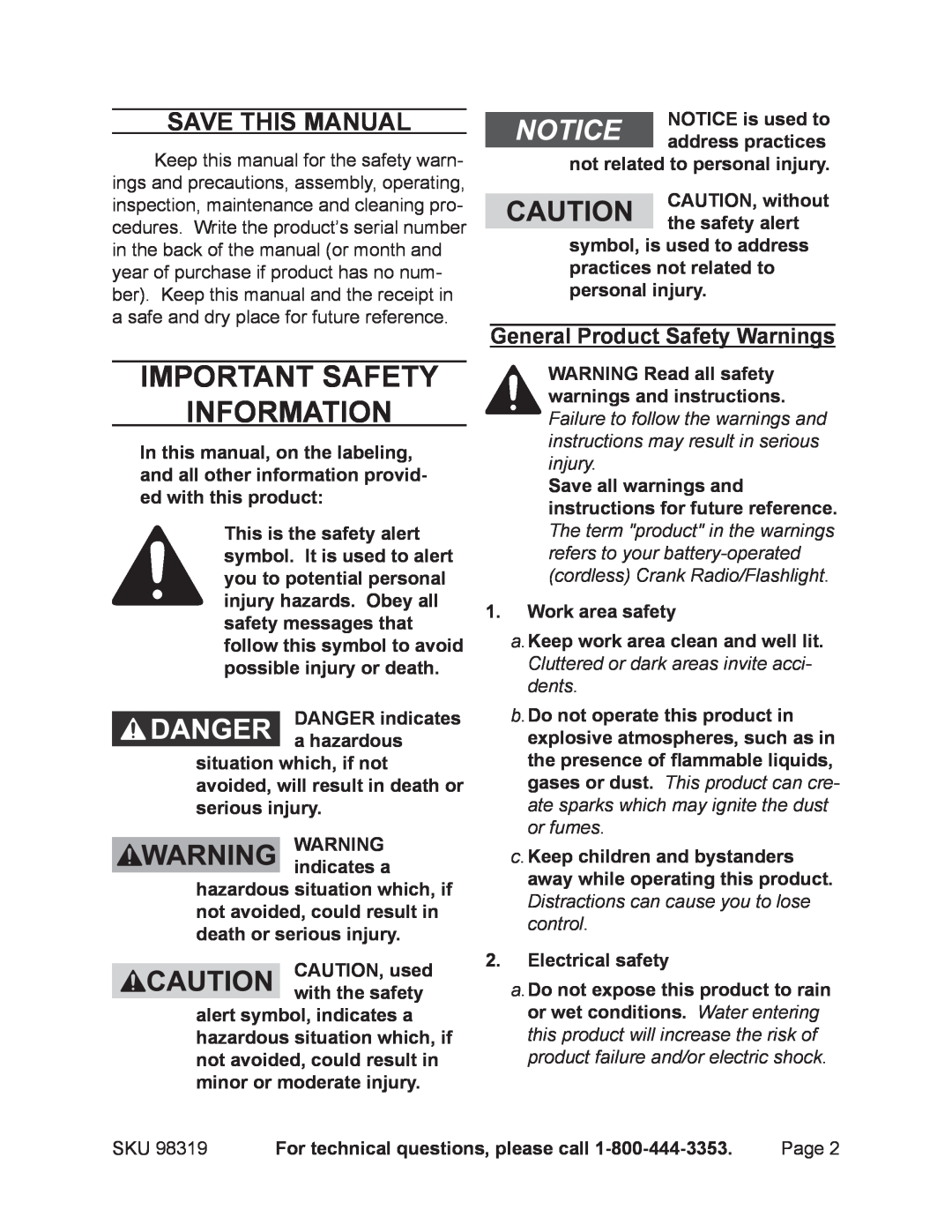 Harbor Freight Tools 98319 manual Important SAFETY Information, Save This Manual, General Product Safety Warnings 