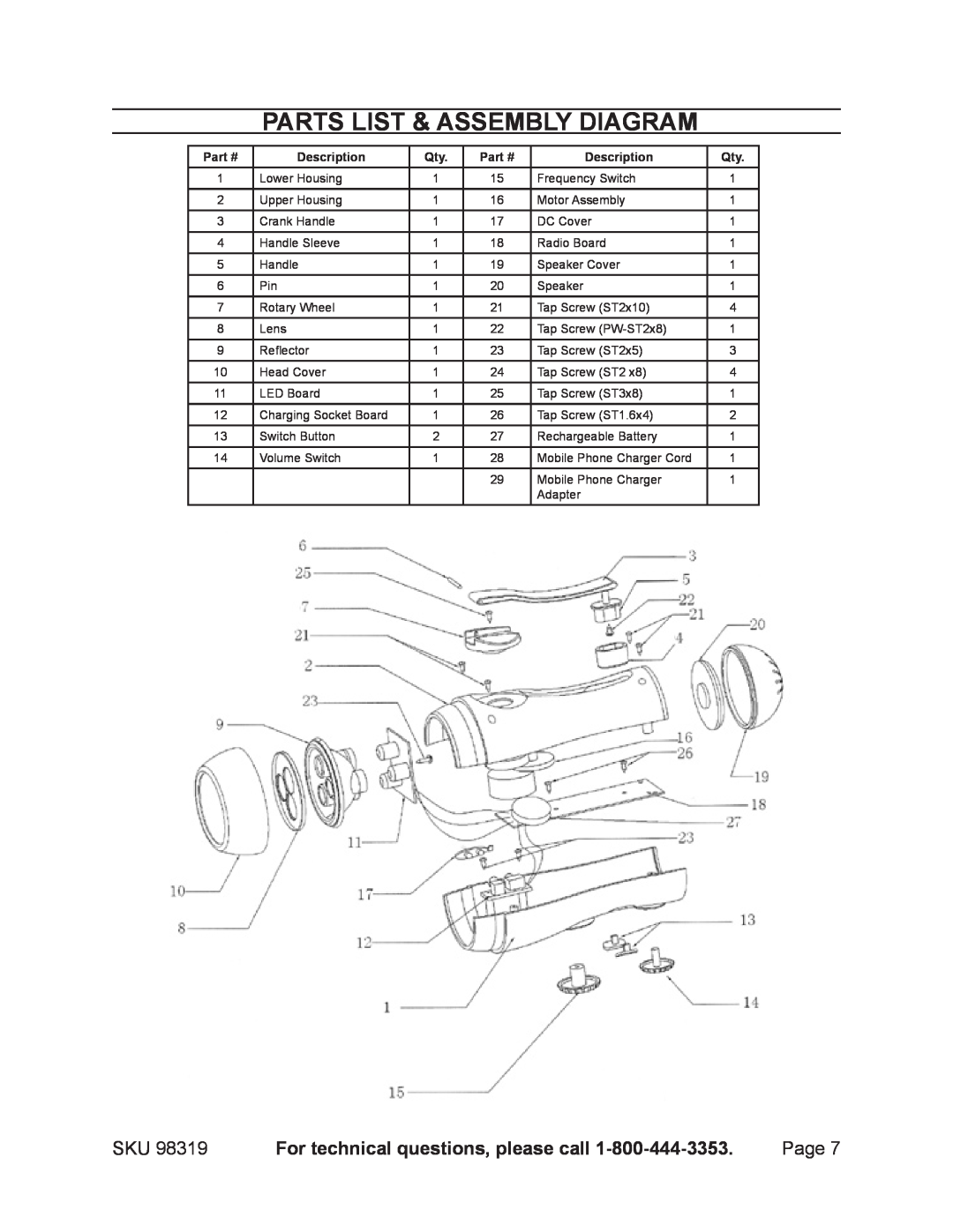 Harbor Freight Tools 98319 manual Parts List & Assembly Diagram, For technical questions, please call, Description 