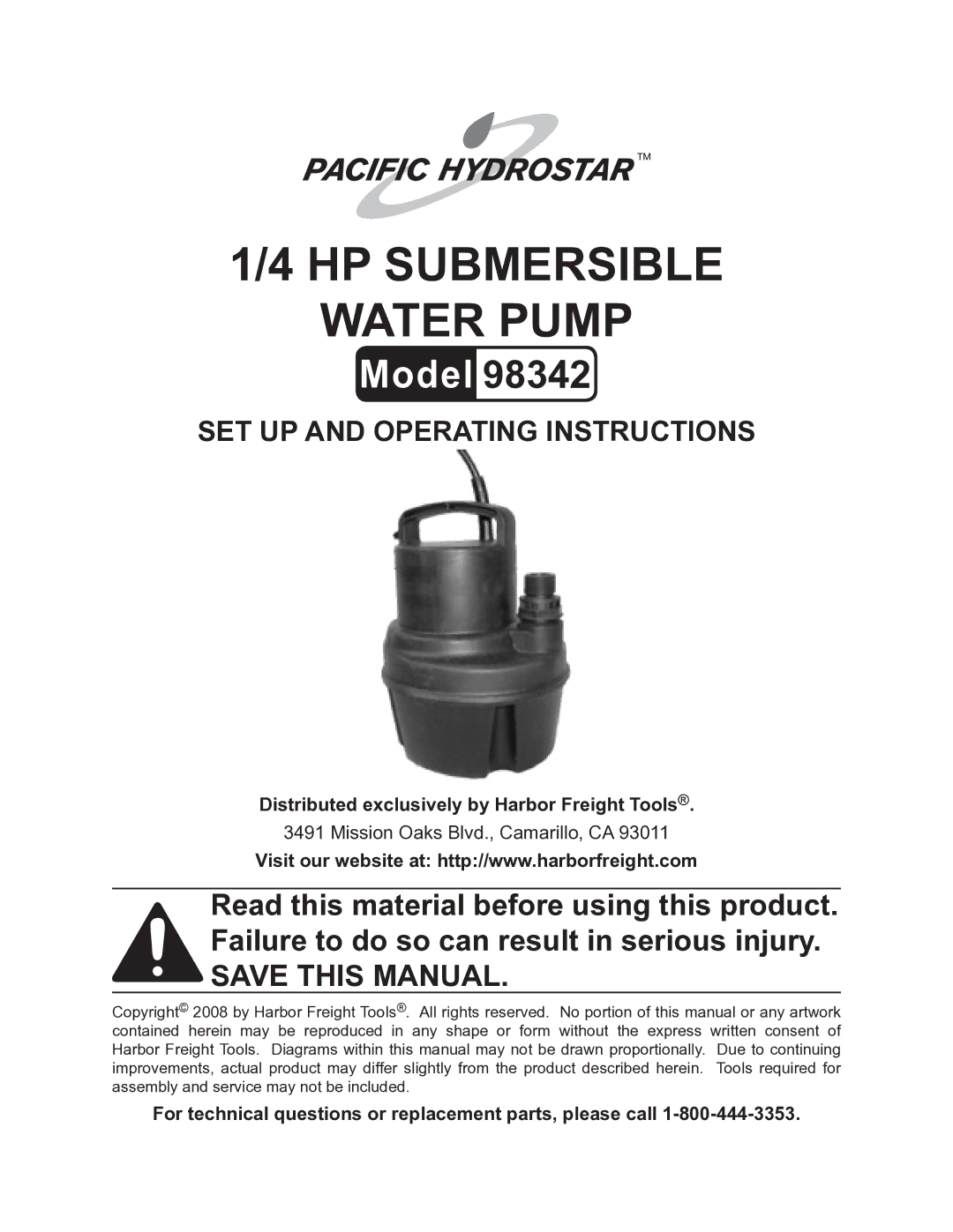 Harbor Freight Tools 98342 operating instructions Distributed exclusively by Harbor Freight Tools 