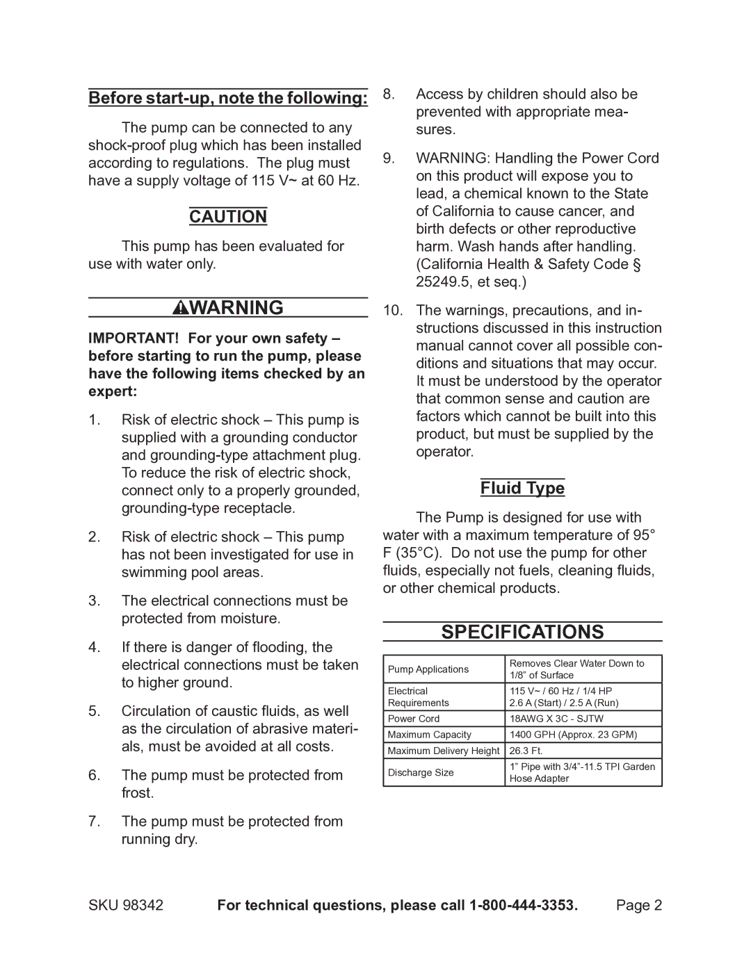 Harbor Freight Tools 98342 operating instructions Specifications, Before start-up, note the following, Fluid Type 