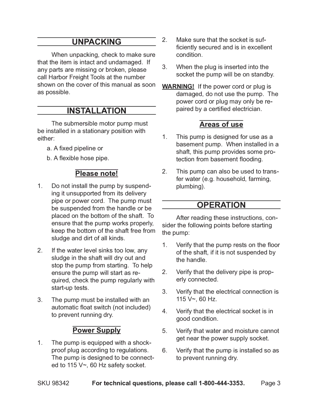 Harbor Freight Tools 98342 operating instructions Unpacking, Installation, Operation 