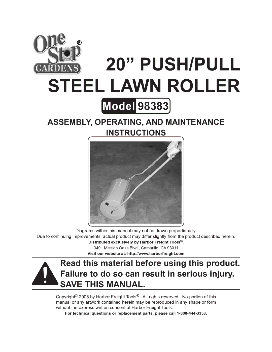 Harbor Freight Tools 98383 manual Push/Pull Steel Lawn Roller 