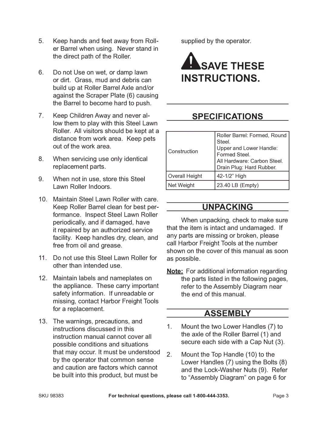 Harbor Freight Tools 98383 manual Specifications, Unpacking, Assembly 