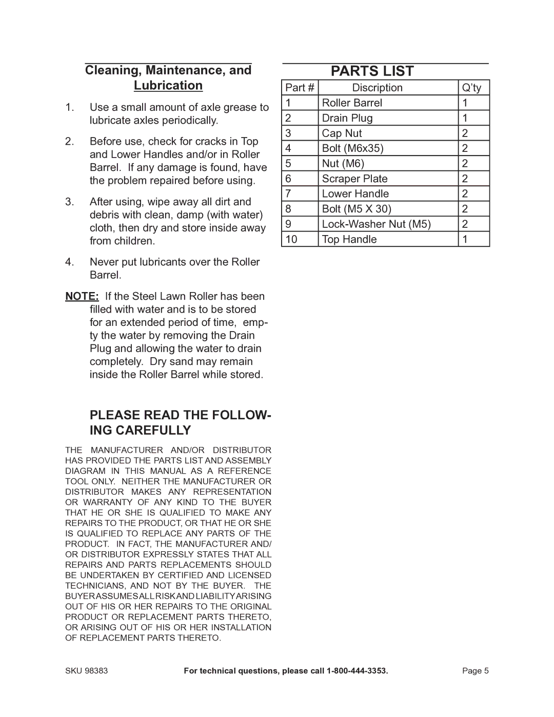 Harbor Freight Tools 98383 manual Parts List 