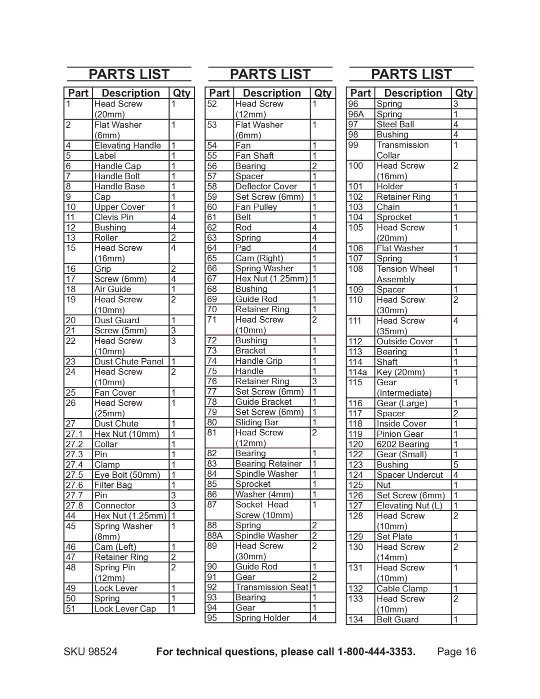 Harbor Freight Tools 98524 operating instructions Parts List, Part Description Qty 