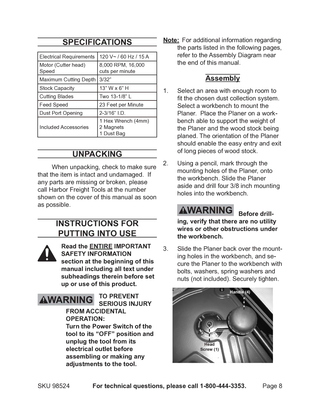 Harbor Freight Tools 98524 operating instructions Specifications, Unpacking, Instructions for putting into use, Assembly 