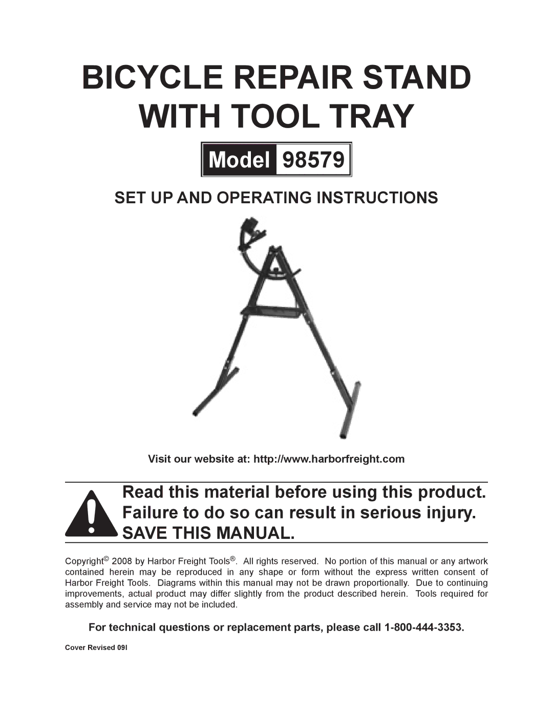 Harbor Freight Tools 98579 operating instructions With Tool Tray 