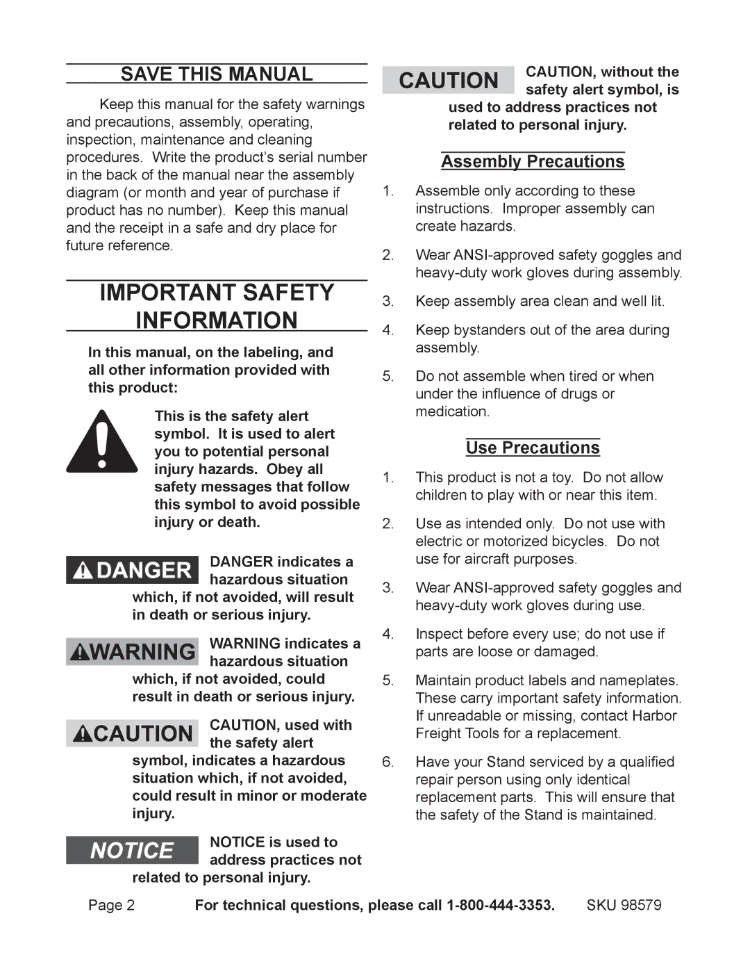 Harbor Freight Tools 98579 operating instructions Save This Manual, For technical questions, please call 