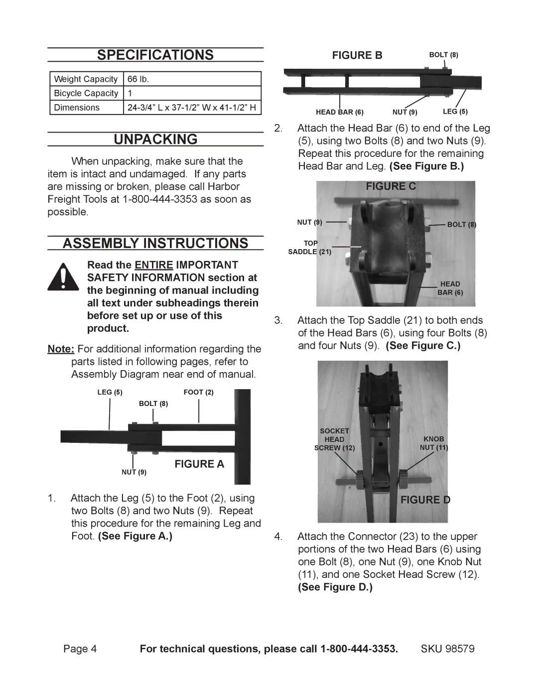 Harbor Freight Tools 98579 operating instructions Specifications, Unpacking, Assembly Instructions 