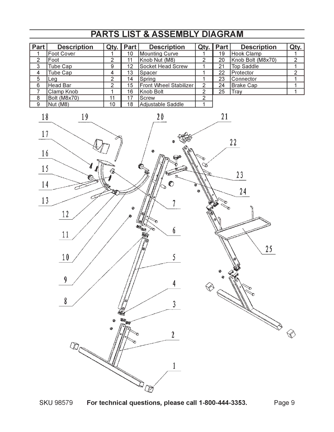 Harbor Freight Tools 98579 operating instructions Parts List & Assembly Diagram, Part Description Qty 