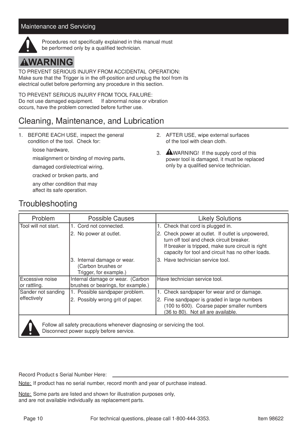 Harbor Freight Tools 98622 manual Cleaning, Maintenance, and Lubrication, Troubleshooting, Maintenance and Servicing 