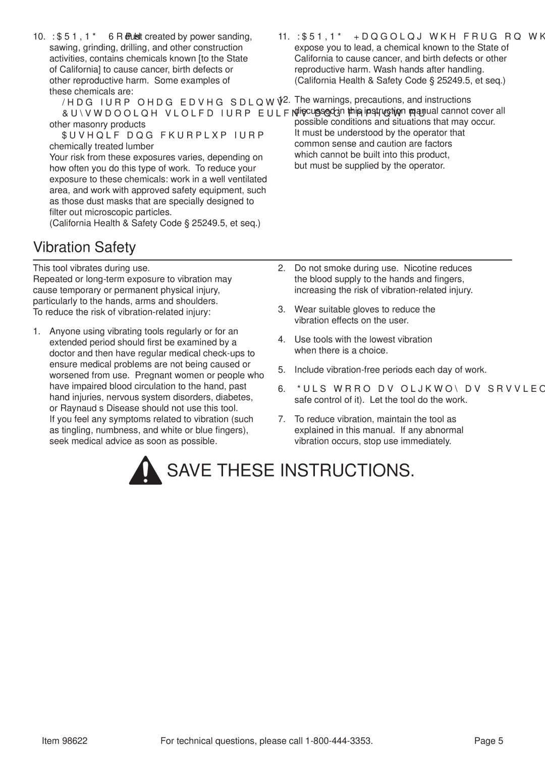 Harbor Freight Tools 98622 manual Vibration Safety 