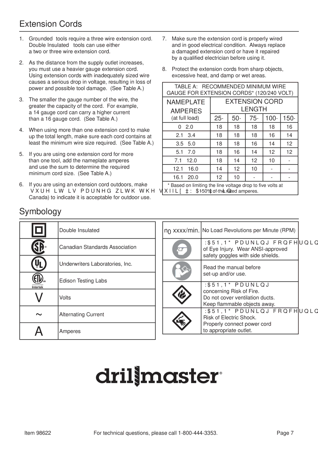 Harbor Freight Tools 98622 manual Extension Cords, Symbology, Safety Setup, Operation Maintenance, 25´ 50´ 75´ 100´ 150´ 