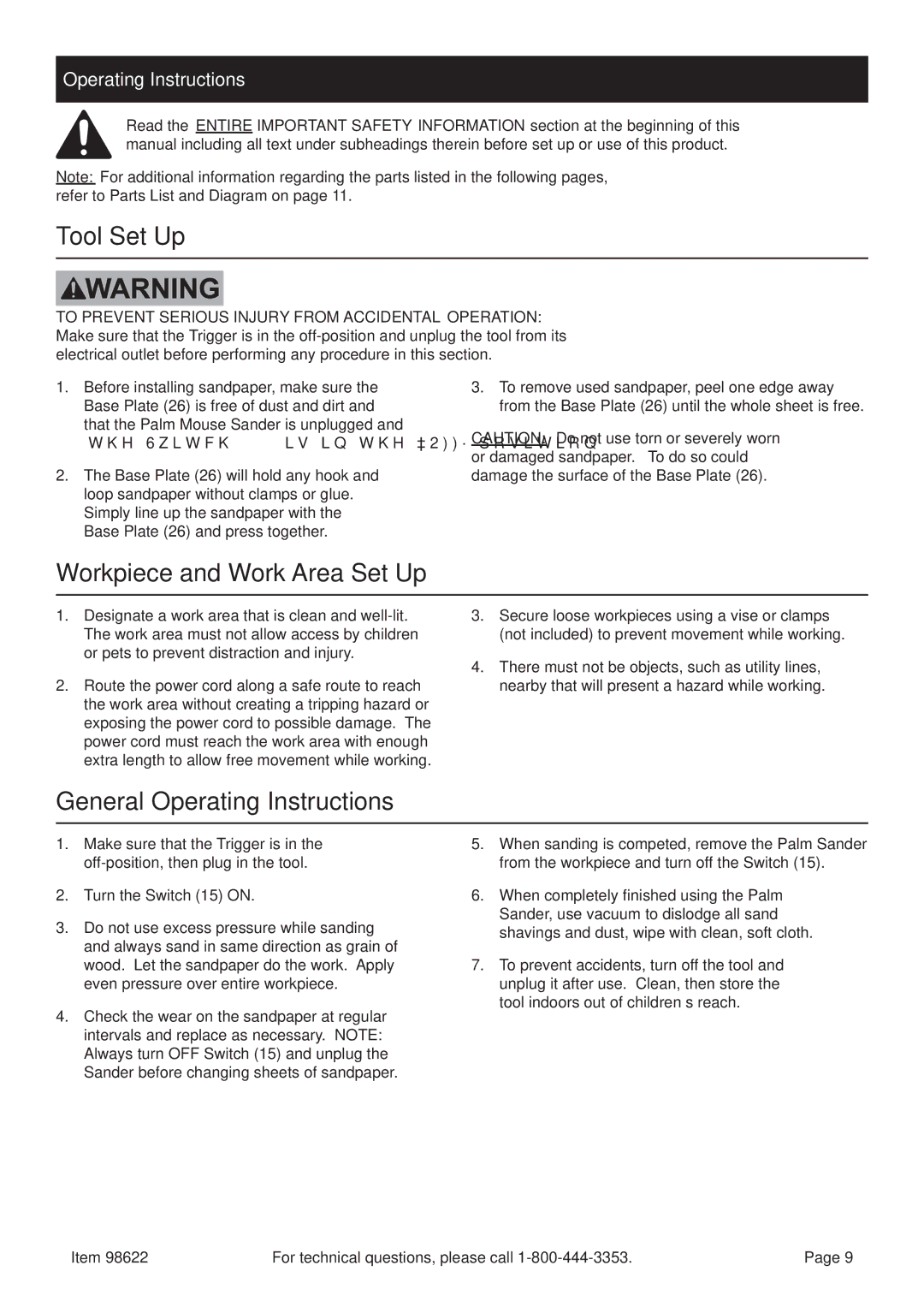 Harbor Freight Tools 98622 manual Tool Set Up, Workpiece and Work Area Set Up, General Operating Instructions 