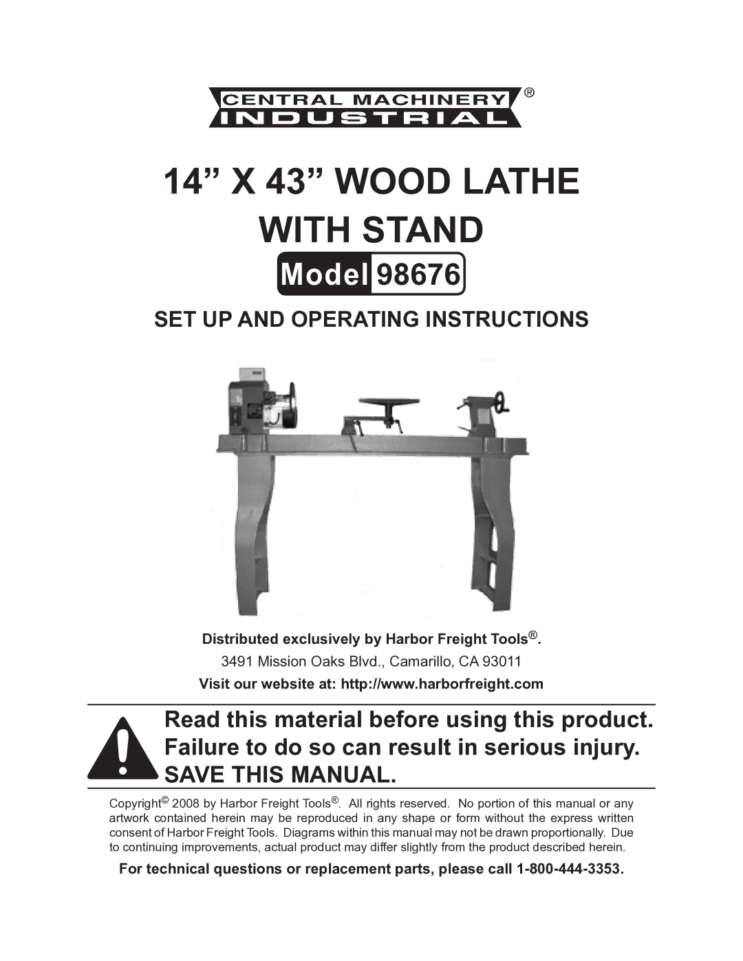 Harbor Freight Tools 98676 operating instructions Distributed exclusively by Harbor Freight Tools 