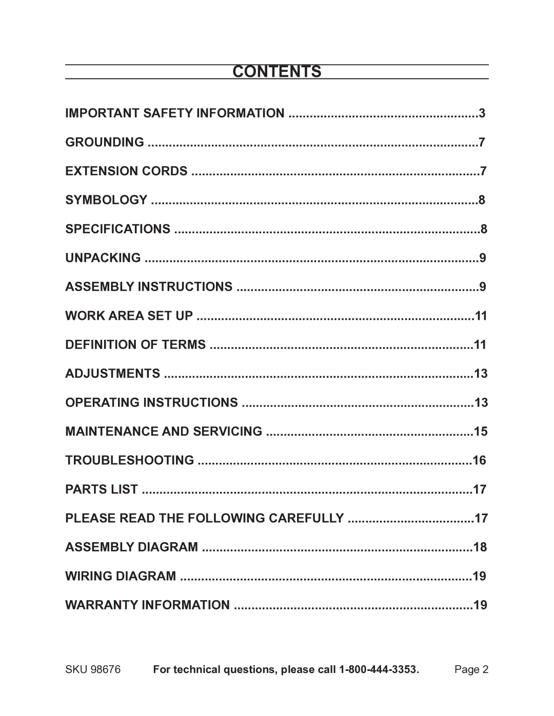 Harbor Freight Tools 98676 operating instructions Contents 