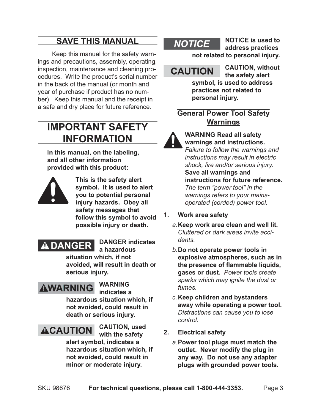 Harbor Freight Tools 98676 operating instructions Save This Manual, General Power Tool Safety 