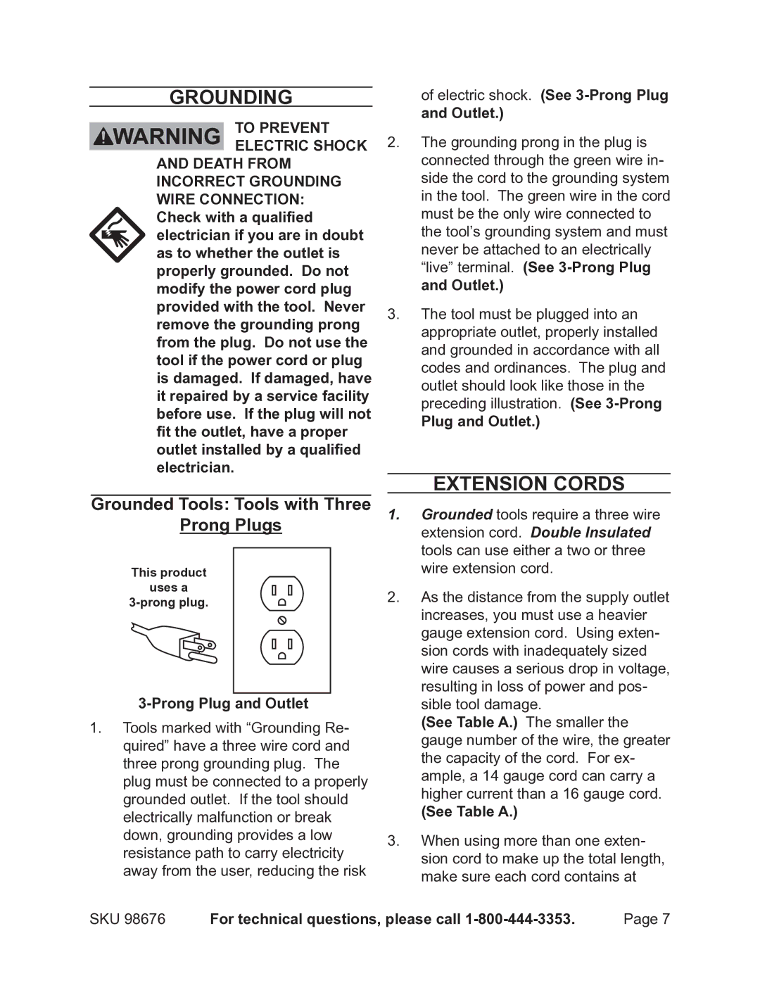 Harbor Freight Tools 98676 operating instructions Grounding, Extension Cords, Prong Plugs 