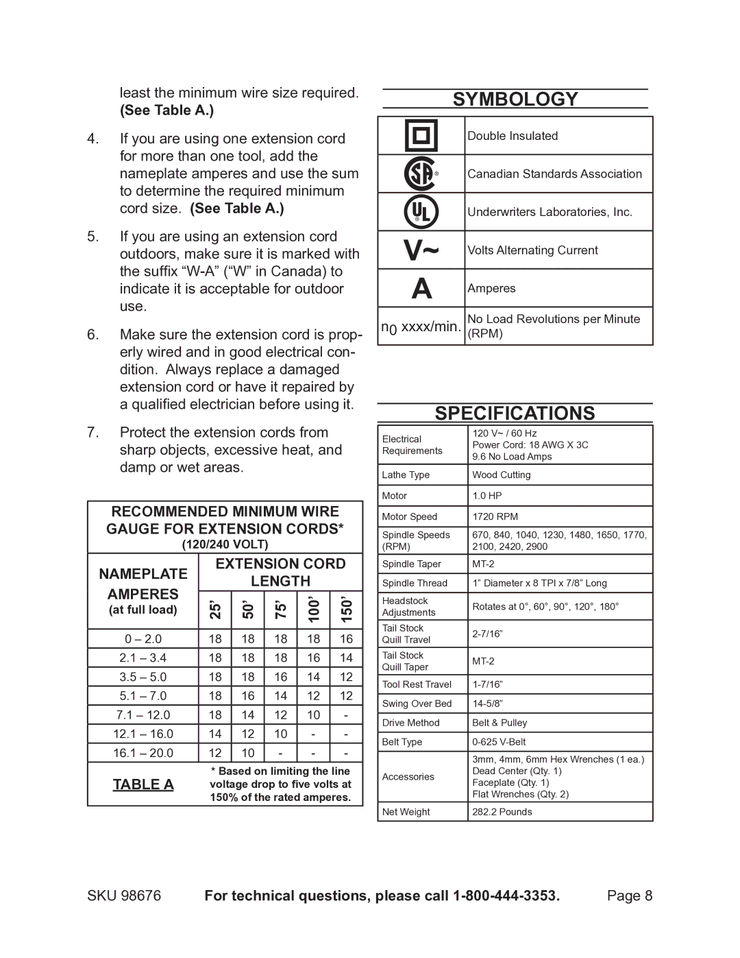 Harbor Freight Tools 98676 operating instructions Symbology, Specifications, 25’ 50’ 75’ 