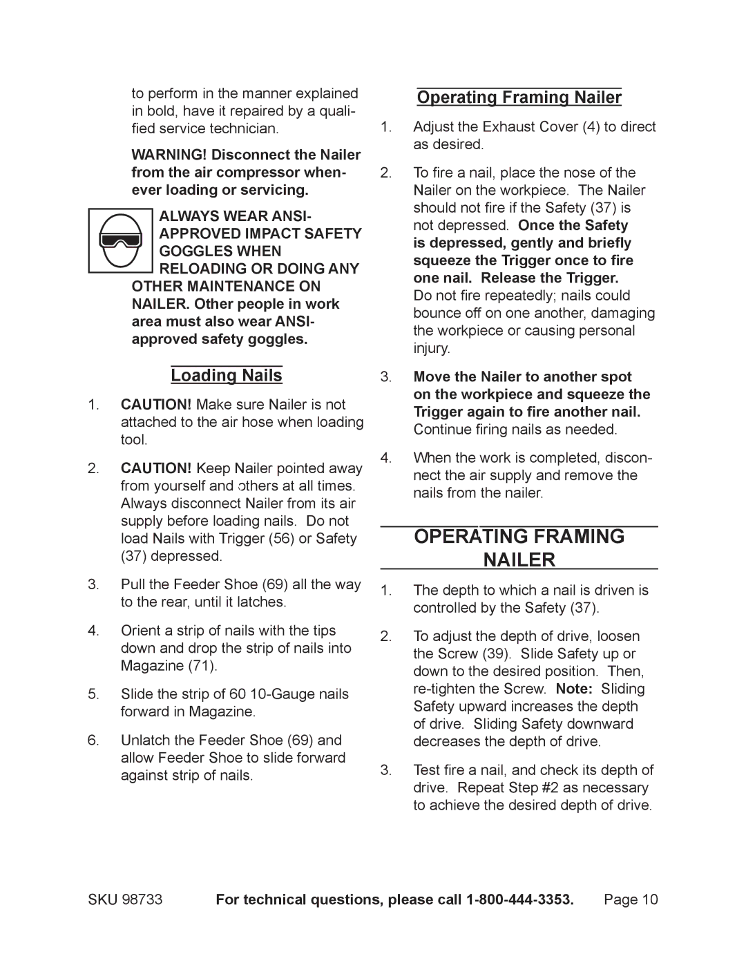 Harbor Freight Tools 98733 operating instructions Operating Framing Nailer, Loading Nails 