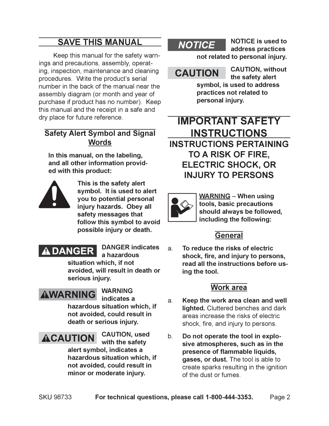 Harbor Freight Tools 98733 Save This Manual, Safety Alert Symbol and Signal Words, General, Work area 