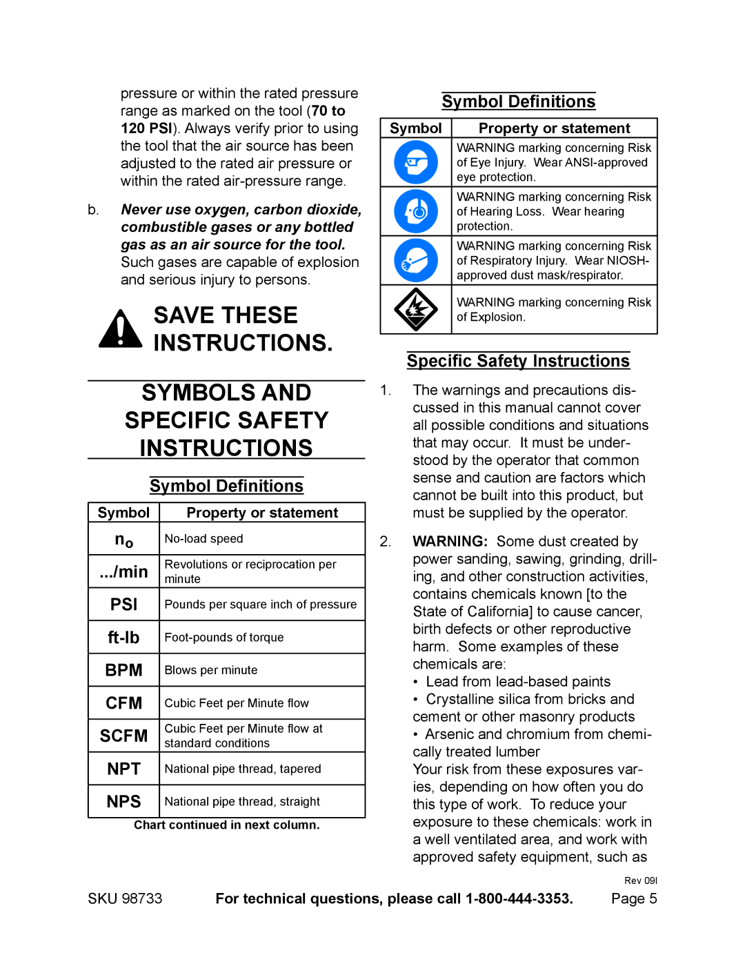 Harbor Freight Tools 98733 operating instructions Symbol Definitions, Min, Ft-lb, Specific Safety Instructions 