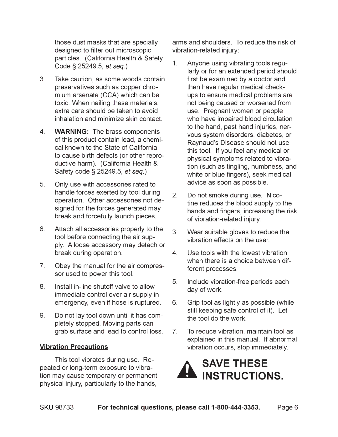 Harbor Freight Tools 98733 operating instructions Vibration Precautions 