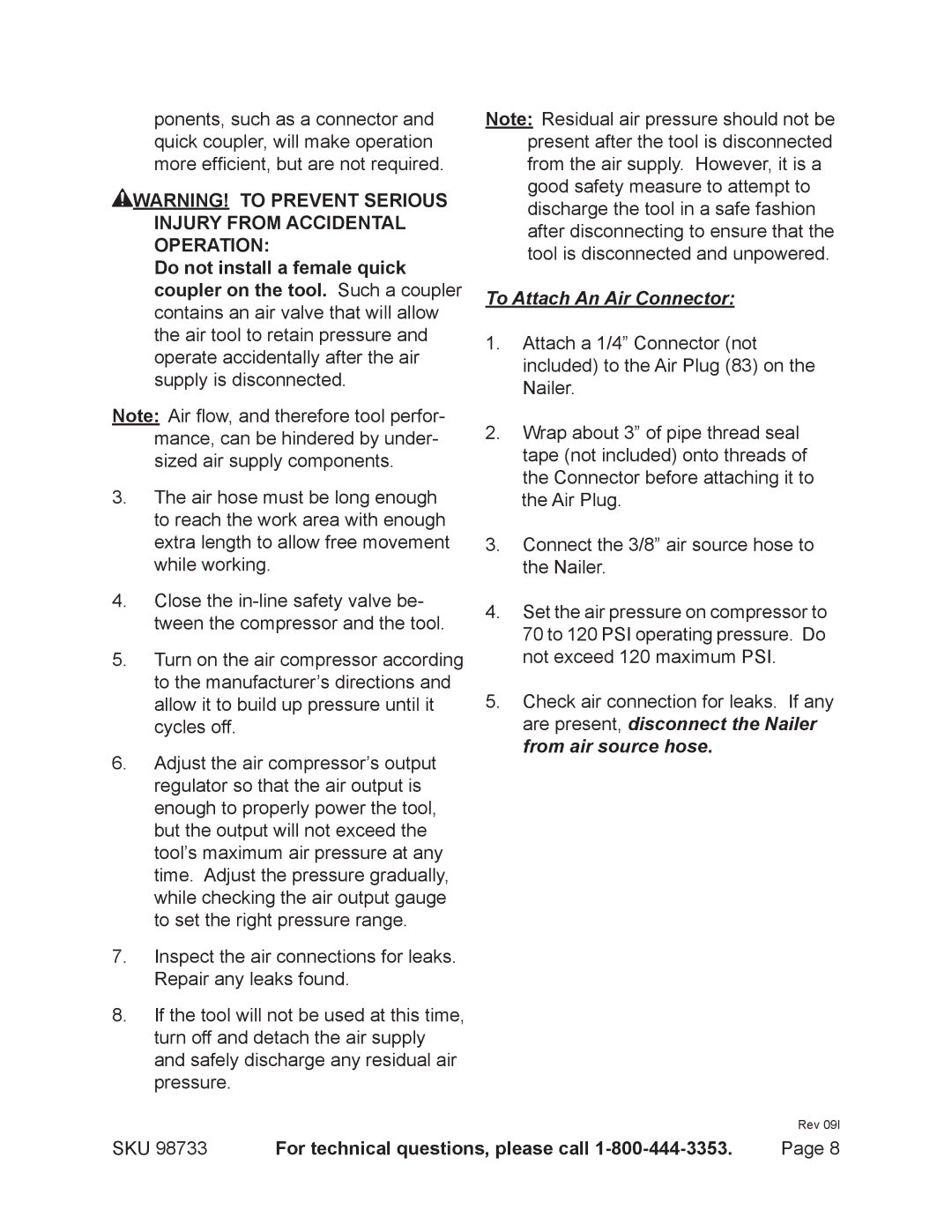 Harbor Freight Tools 98733 operating instructions To Attach An Air Connector 