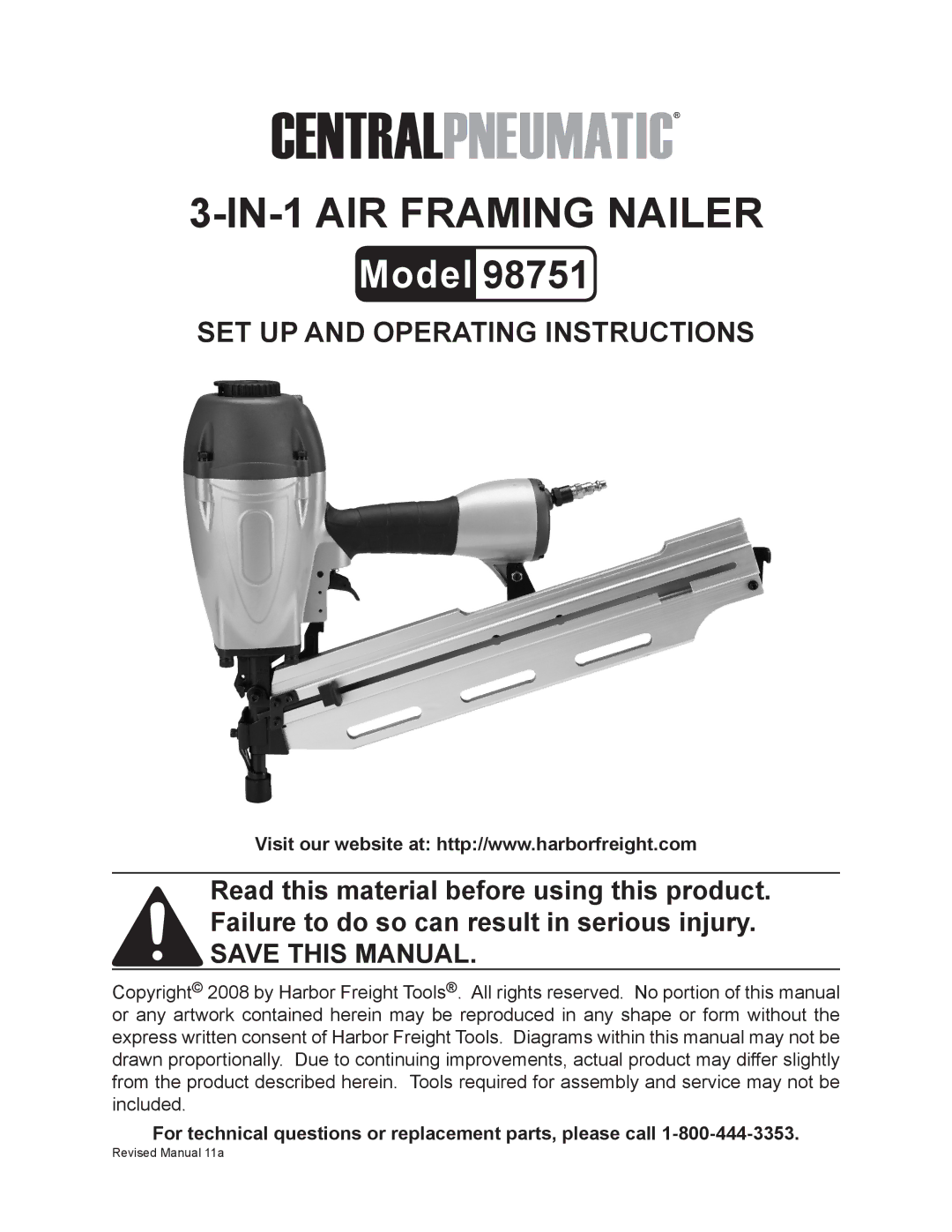 Harbor Freight Tools 98751 operating instructions IN-1 AIR Framing Nailer 