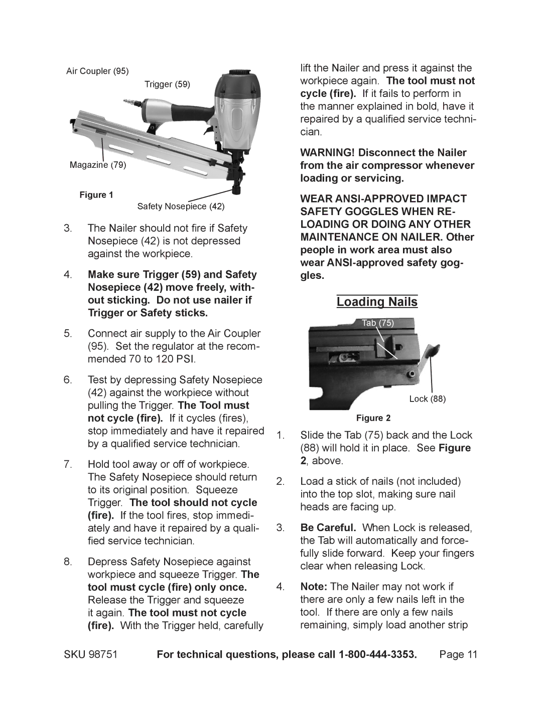 Harbor Freight Tools 98751 operating instructions Loading Nails, SKU For technical questions, please call 