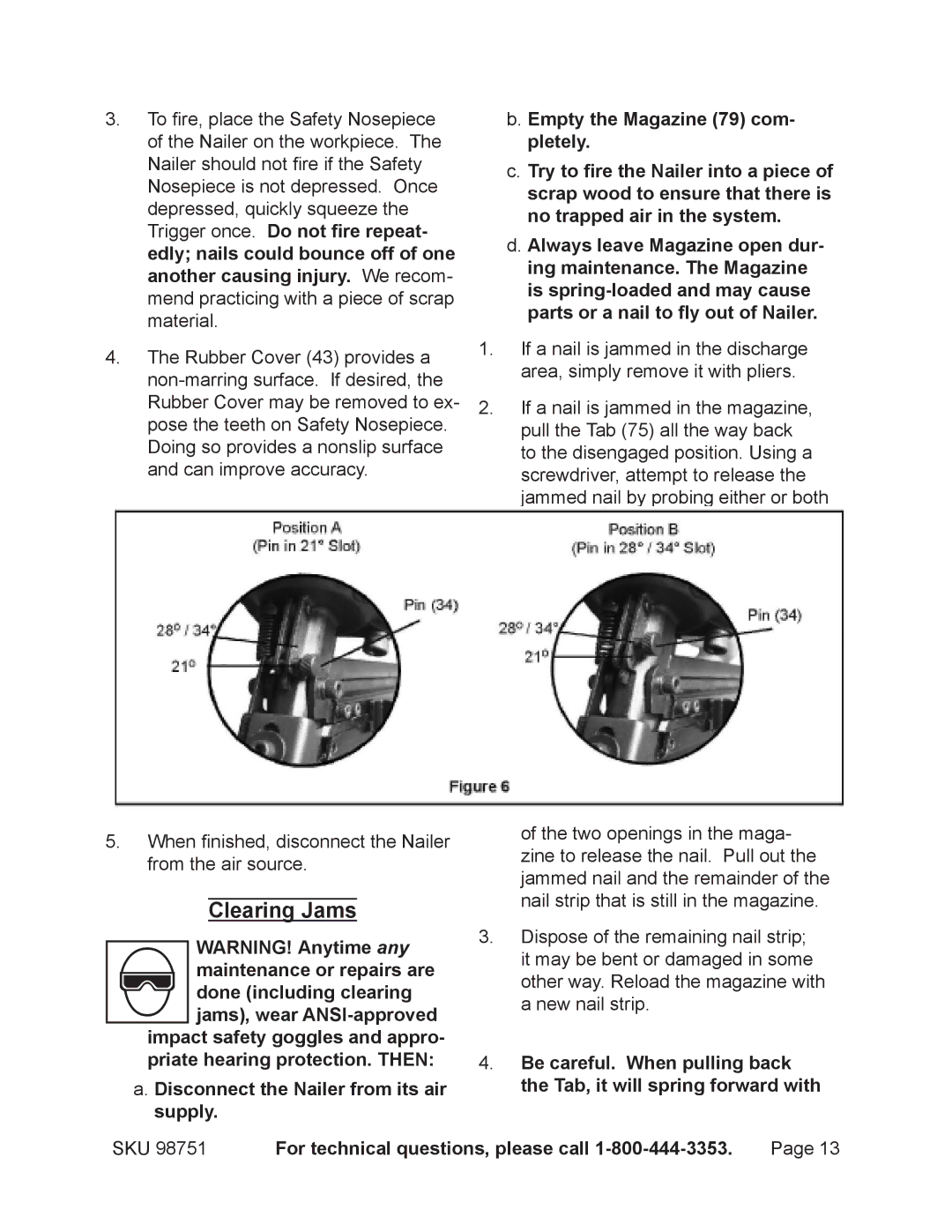 Harbor Freight Tools 98751 operating instructions Clearing Jams 