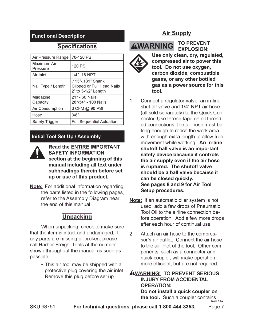 Harbor Freight Tools 98751 operating instructions To Prevent, Explosion, Safety Information, Operation 