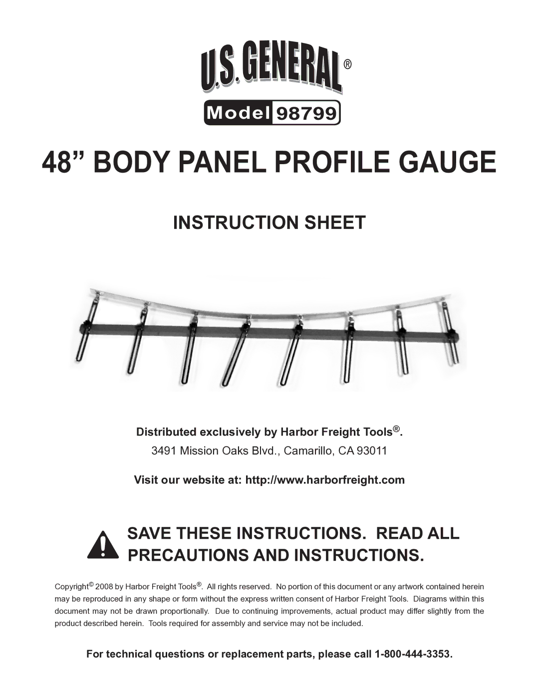 Harbor Freight Tools 98799 instruction sheet Body Panel Profile Gauge, Instruction Sheet 