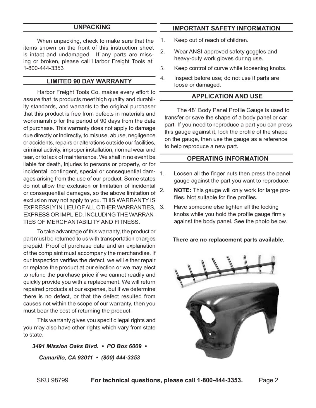 Harbor Freight Tools 98799 instruction sheet Limited 90 DAY Warranty 