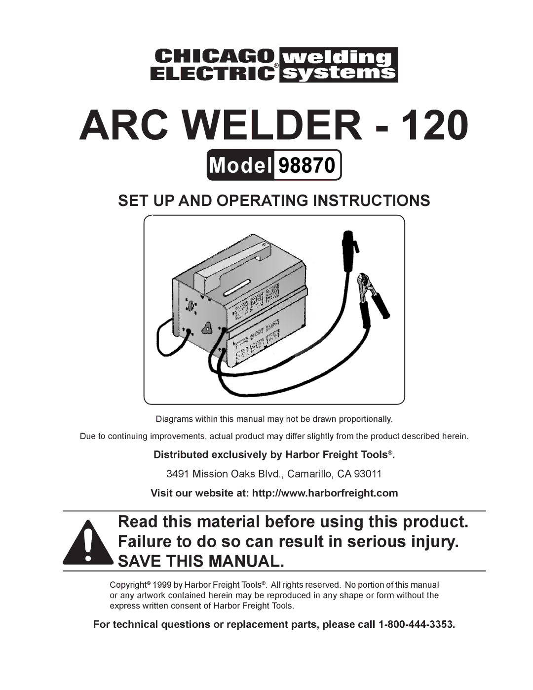 Harbor Freight Tools 98870 operating instructions Distributed exclusively by Harbor Freight Tools 