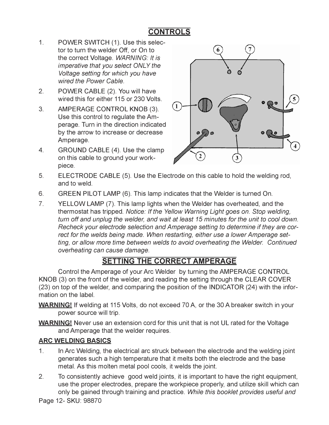 Harbor Freight Tools 98870 operating instructions Controls, Setting the Correct Amperage, Arc Welding Basics 