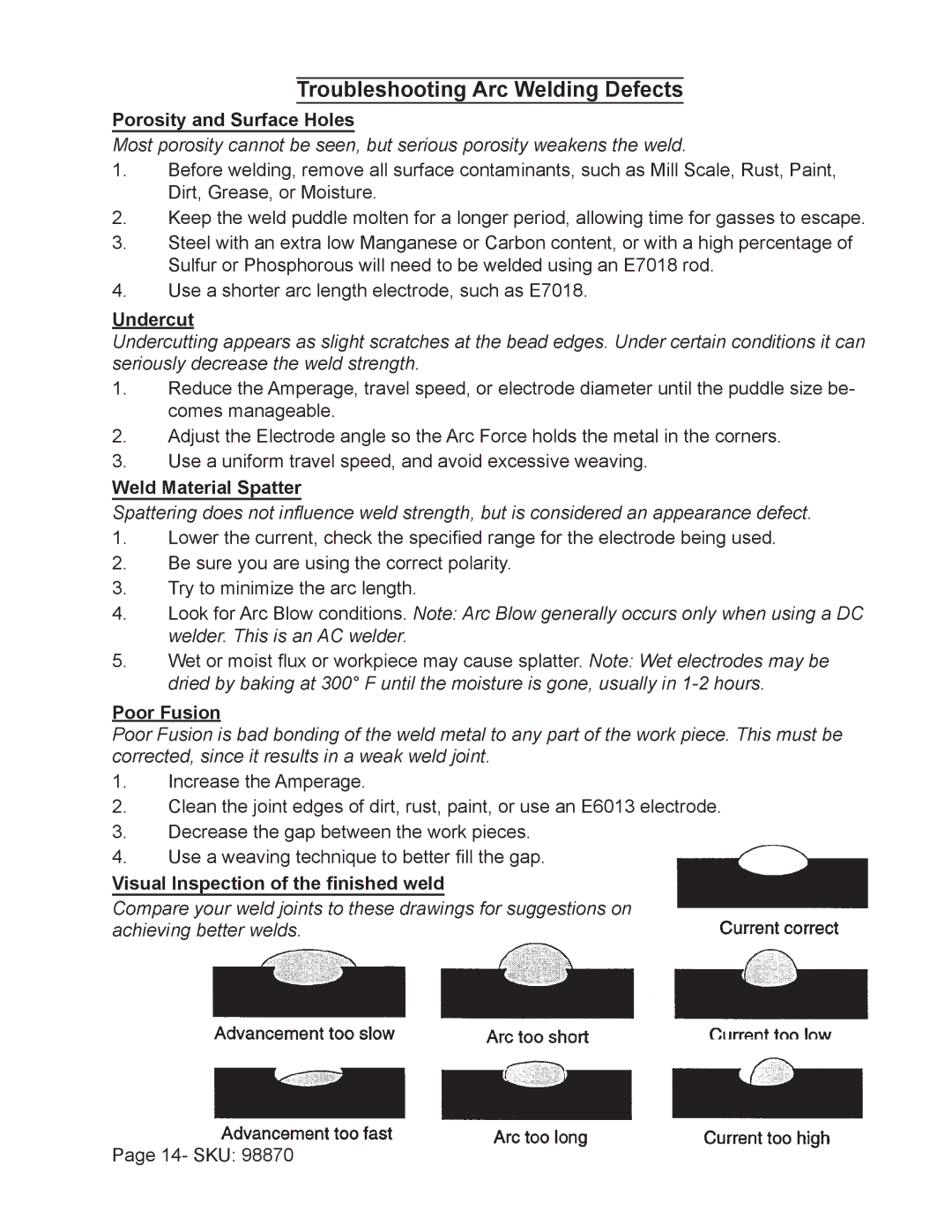 Harbor Freight Tools 98870 operating instructions Troubleshooting Arc Welding Defects 