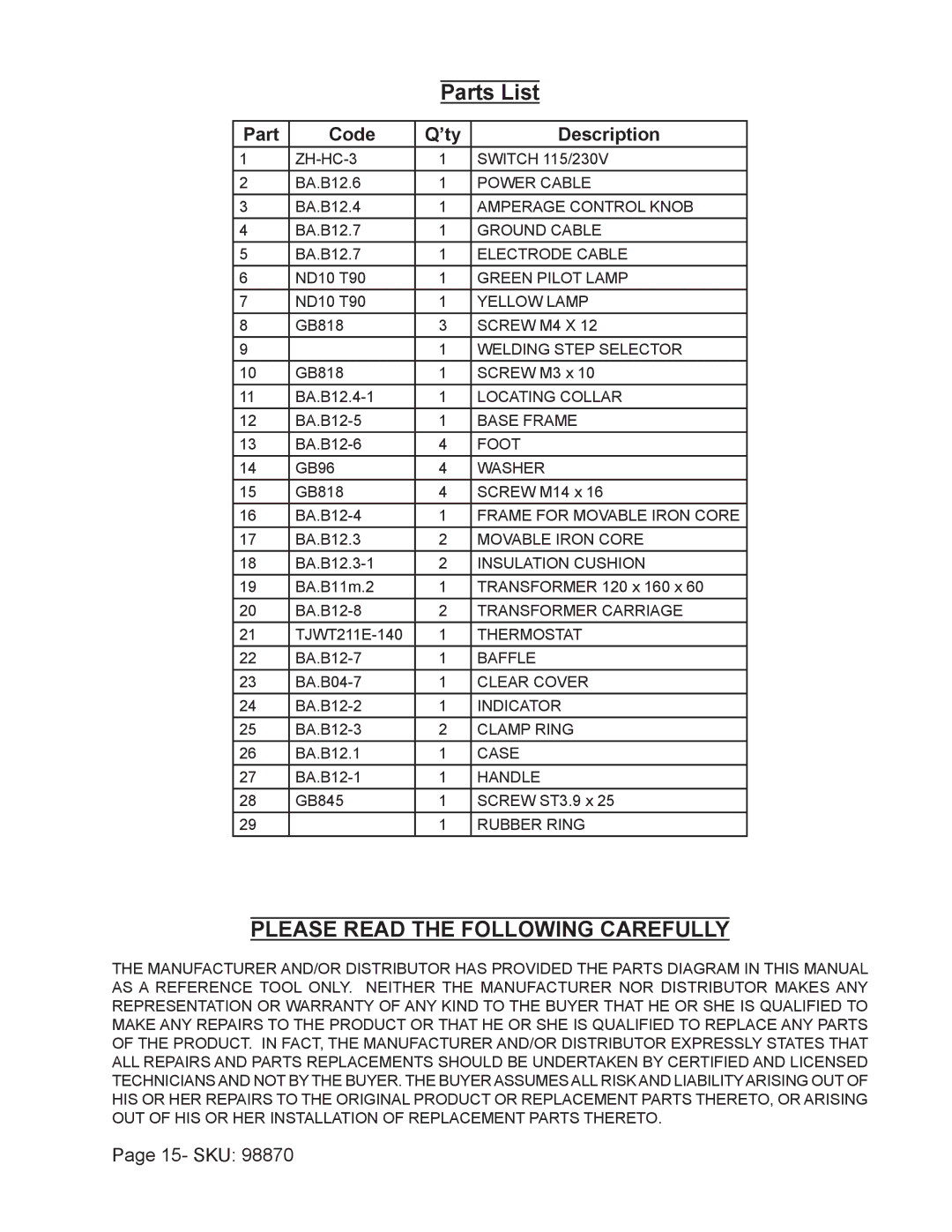 Harbor Freight Tools 98870 operating instructions Parts List, Part Code ’ty Description 