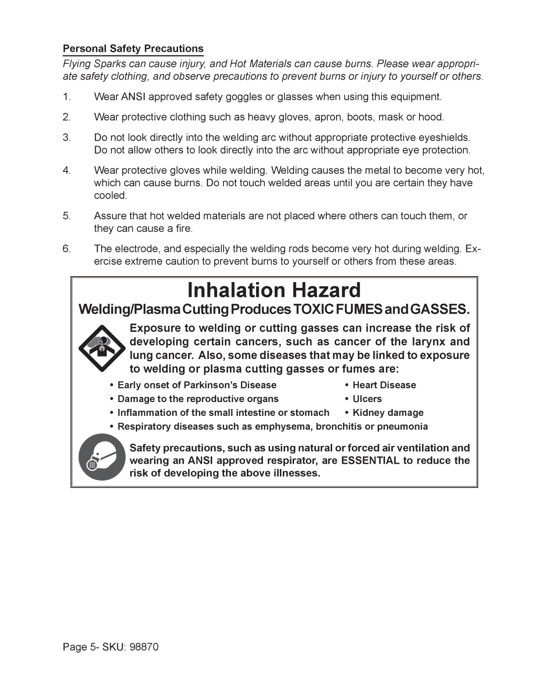 Harbor Freight Tools 98870 Welding/PlasmaCuttingProducestoxicfumesandgasses, Personal Safety Precautions 