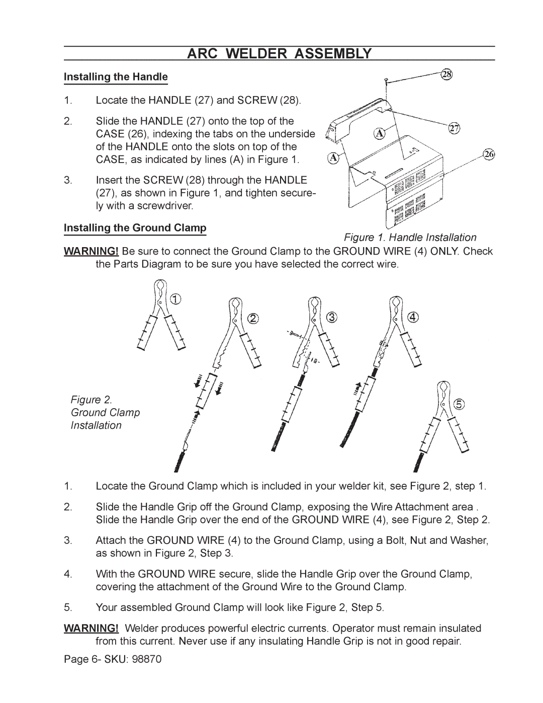 Harbor Freight Tools 98870 operating instructions Arc Welder Assembly, Installing the Handle, Installing the Ground Clamp 