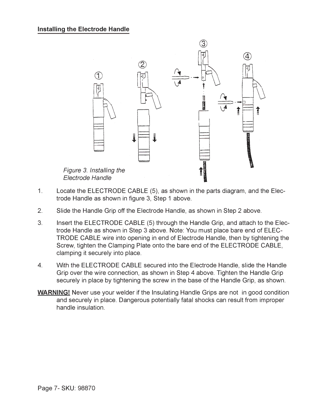 Harbor Freight Tools 98870 operating instructions Installing the Electrode Handle, Installing Electrode Handle 