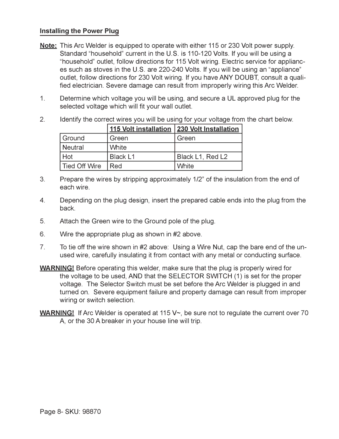 Harbor Freight Tools 98870 operating instructions Installing the Power Plug, Volt installation Volt Installation 