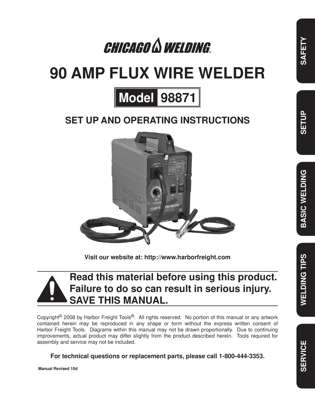 Harbor Freight Tools 98871 operating instructions Safety Setup Basic Welding Welding Tips Service 