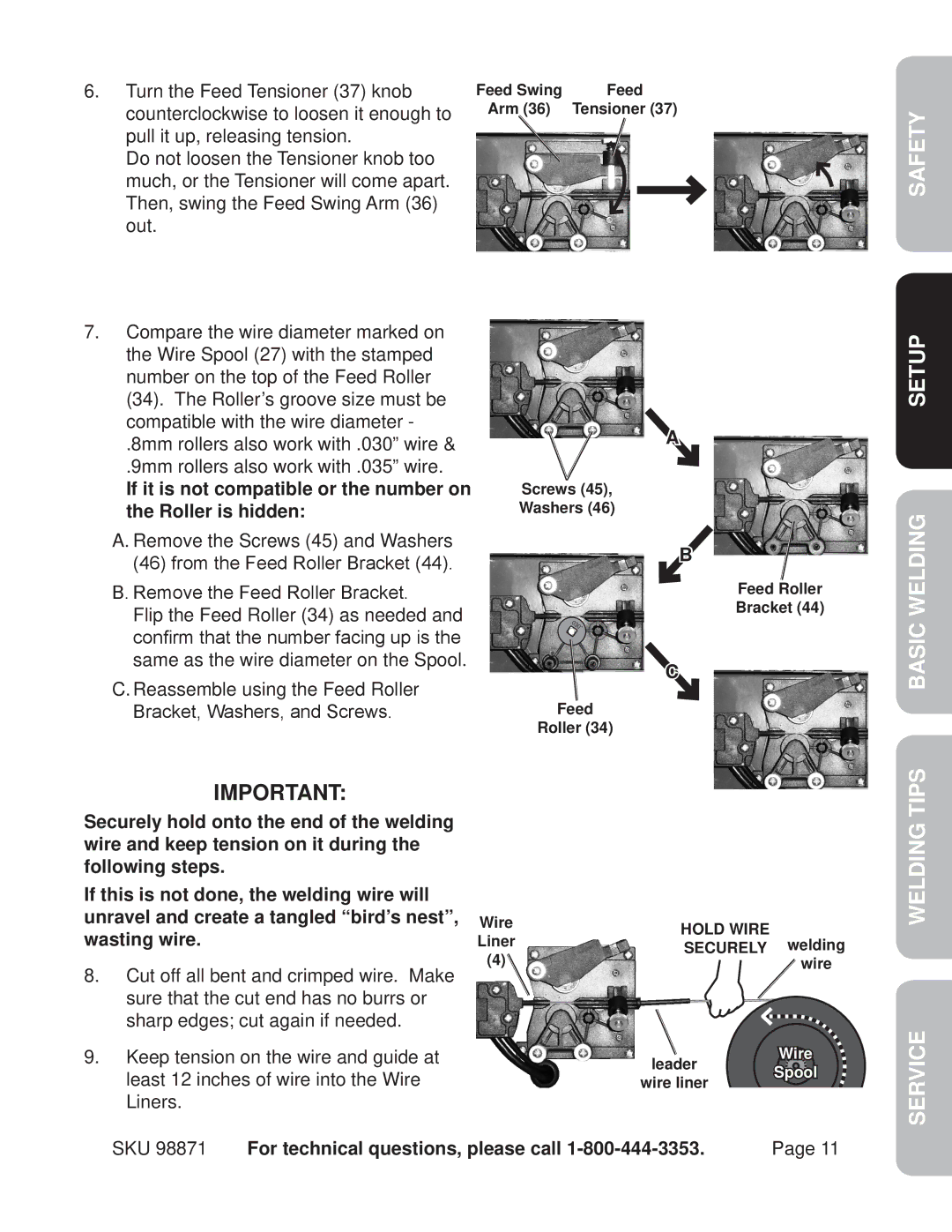 Harbor Freight Tools 98871 operating instructions Setup Basic Welding, Welding Tips Service, Wasting wire 