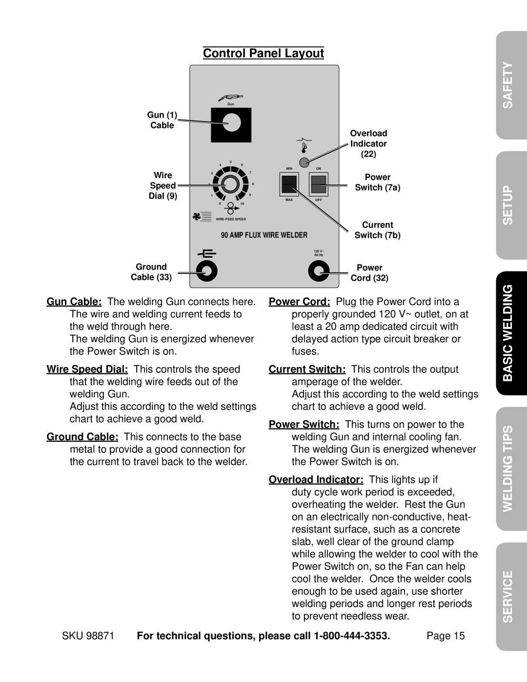 Harbor Freight Tools 98871 operating instructions Control Panel Layout, Safety Setup, Basic Welding Welding Tips Service 