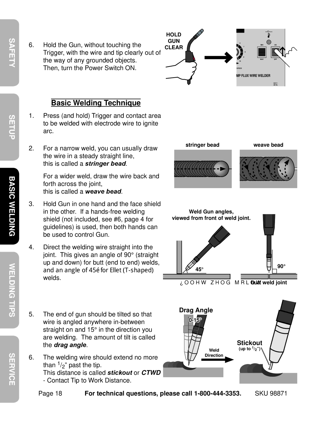 Harbor Freight Tools 98871 operating instructions Basic Welding Technique, Drag Angle, Stickout 