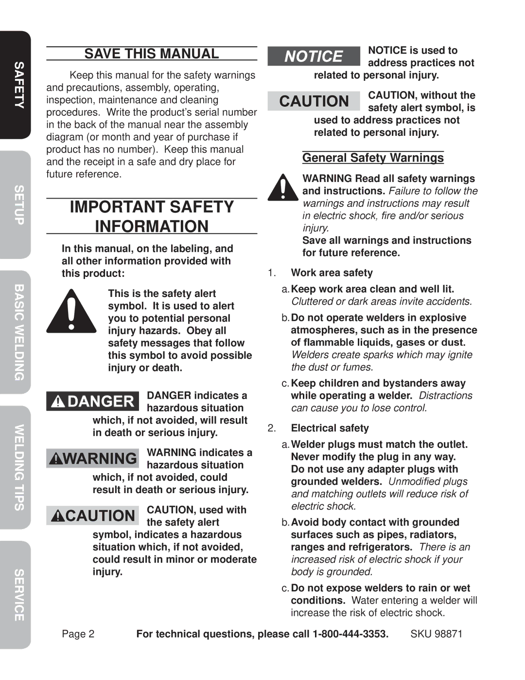 Harbor Freight Tools 98871 Save This Manual, Ty Safe TupeS ingd el c W Basi Tipsingd elW Ec Servi, General Safety Warnings 