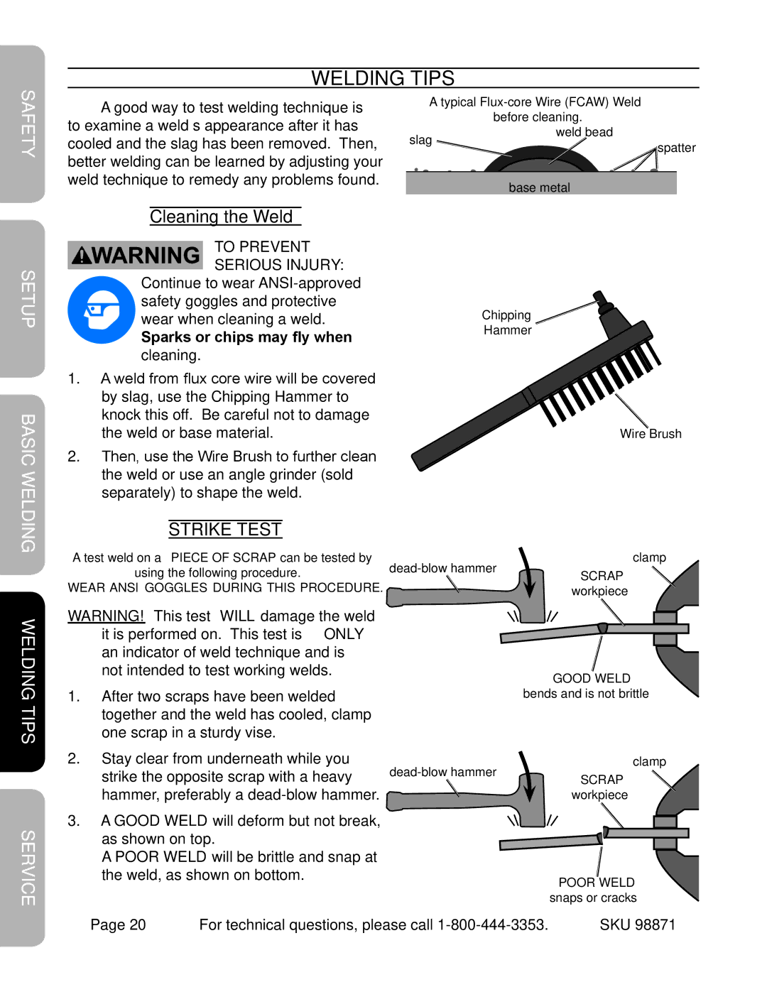 Harbor Freight Tools 98871 operating instructions Welding Tips, Safe, Cleaning the Weld, ElW 