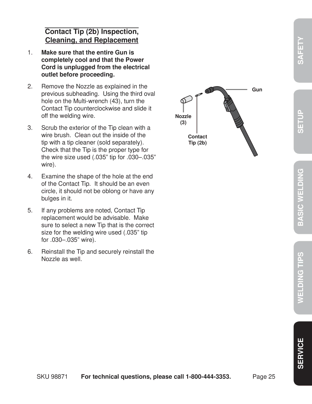 Harbor Freight Tools 98871 operating instructions Contact Tip 2b Inspection Cleaning, and Replacement 