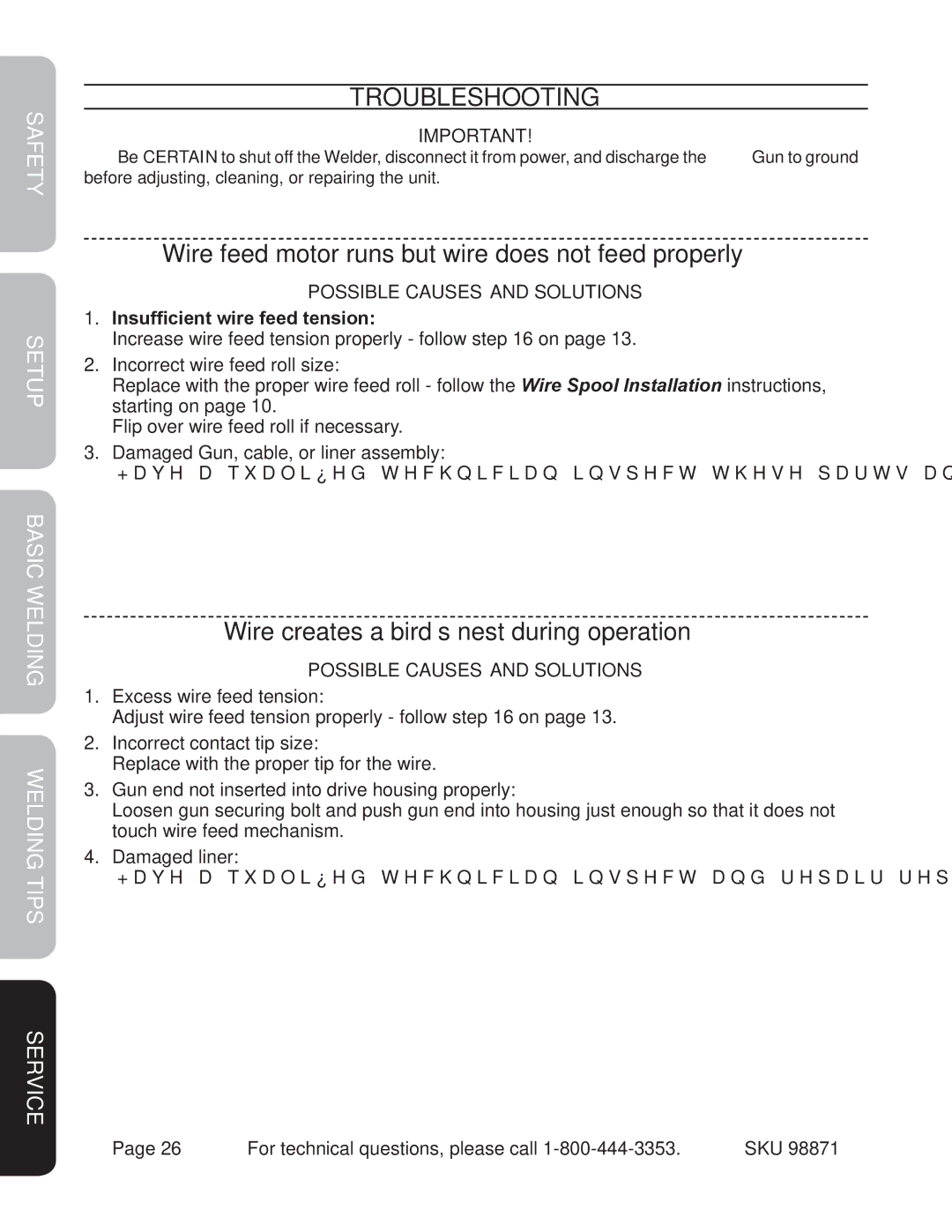 Harbor Freight Tools 98871 operating instructions Troubleshooting, Wire feed motor runs but wire does not feed properly 